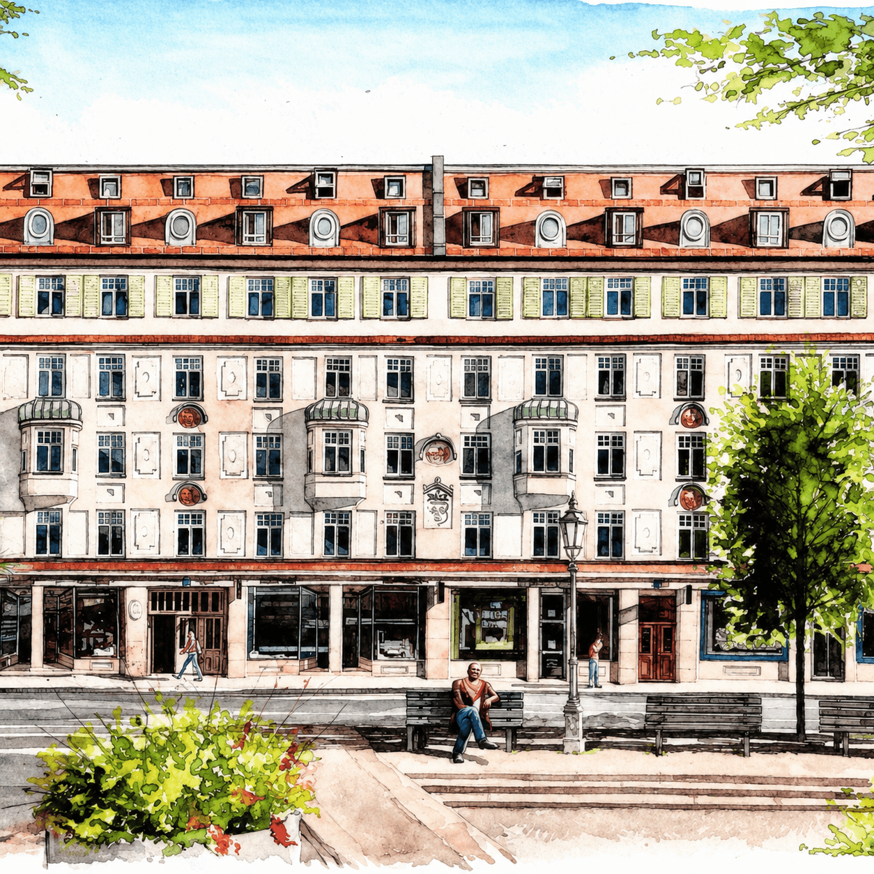 Aquarell eines Münchner Altbaus am Markt